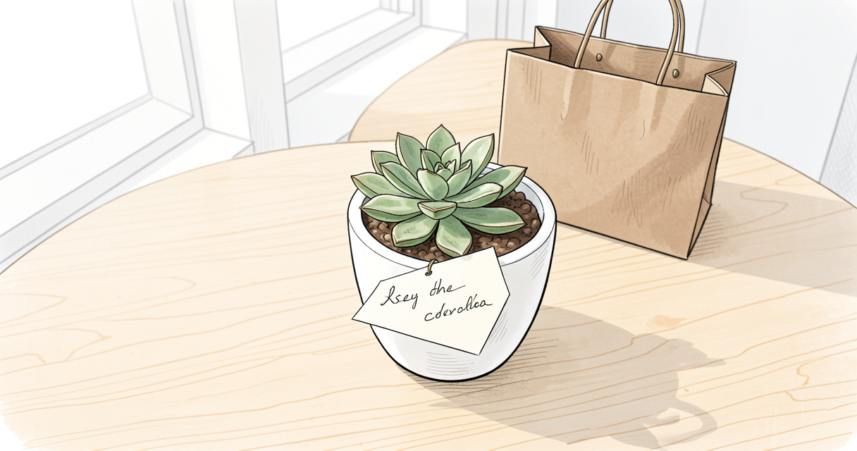 Cadeau pour collègue : plante personnalisée posée sur un bureau clair avec carte manuscrite