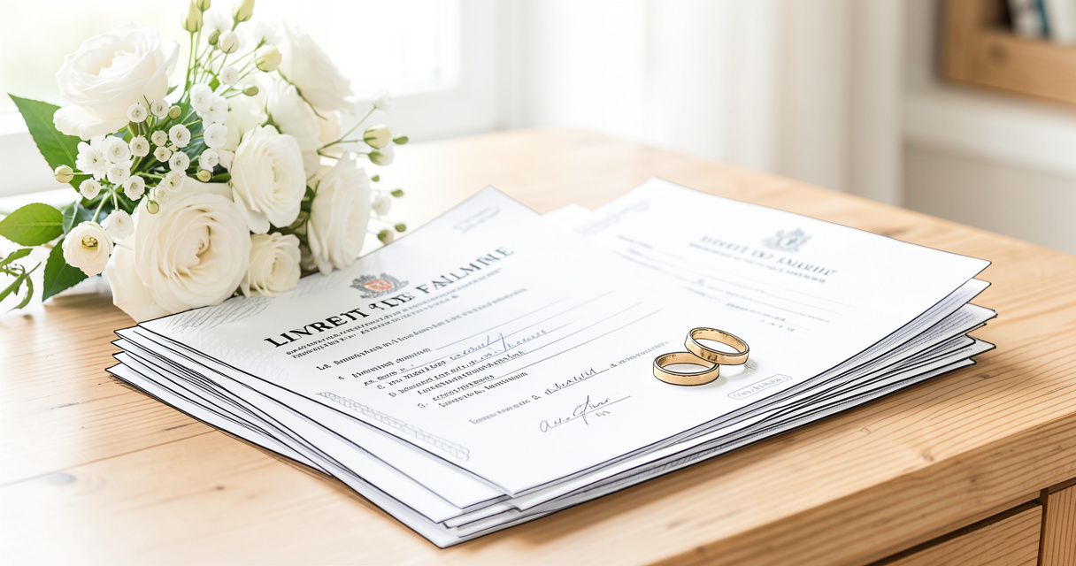 Démarches mariage civil en mairie : livret de famille et documents sur le bureau