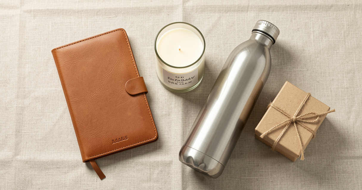 Cadeau 30 ans original : carnet, bougie, gourde et coffret cadeau sur lin