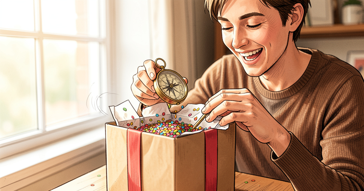 Idée cadeau 30 ans : boîte surprise avec confettis et boussole vintage