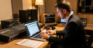 DJ événement préparant devis et documents de facturation pour une prestation de mariage.