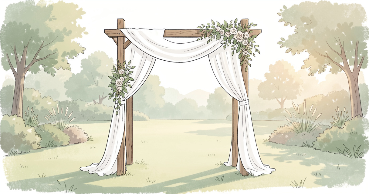 Décoration salle mariage simple et chic avec arche en bois et drapé blanc