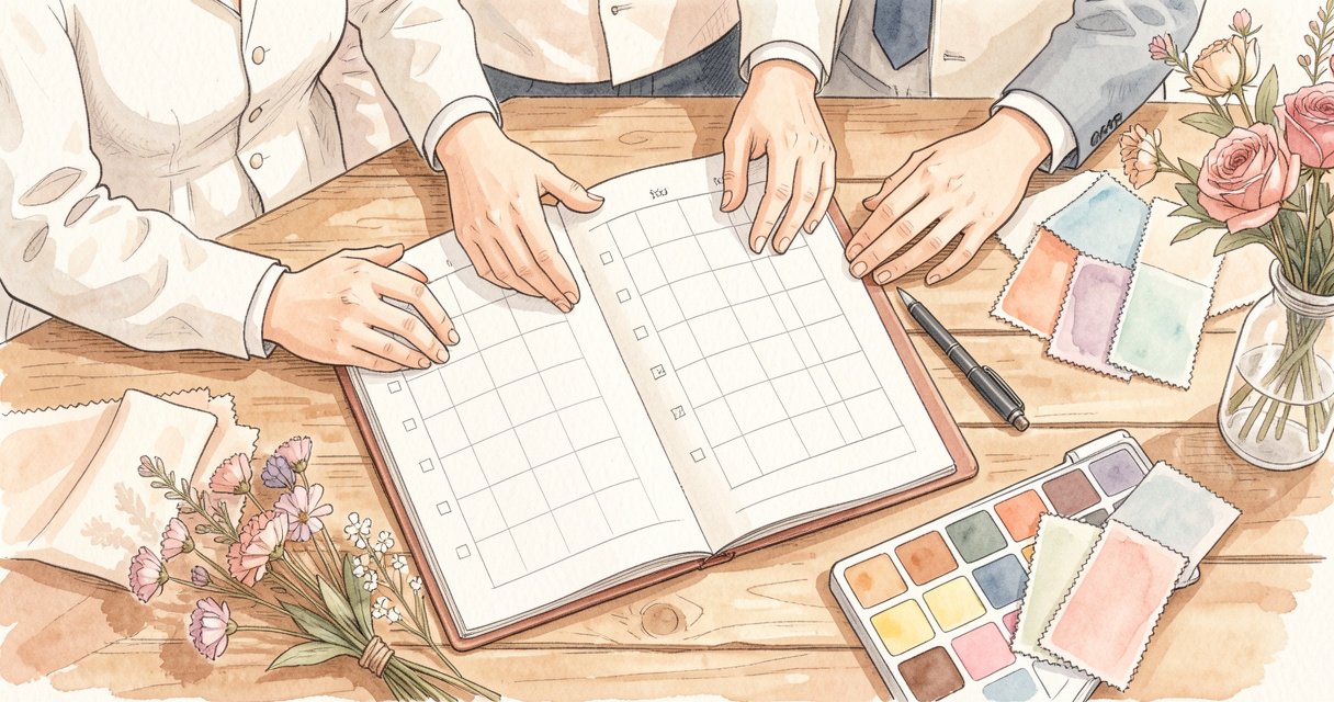 Check list mariage dessinée : couple planifiant ses préparatifs de mariage