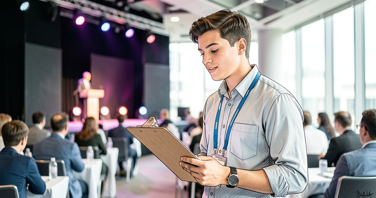Étudiant en formation événementiel organisant une conférence professionnelle