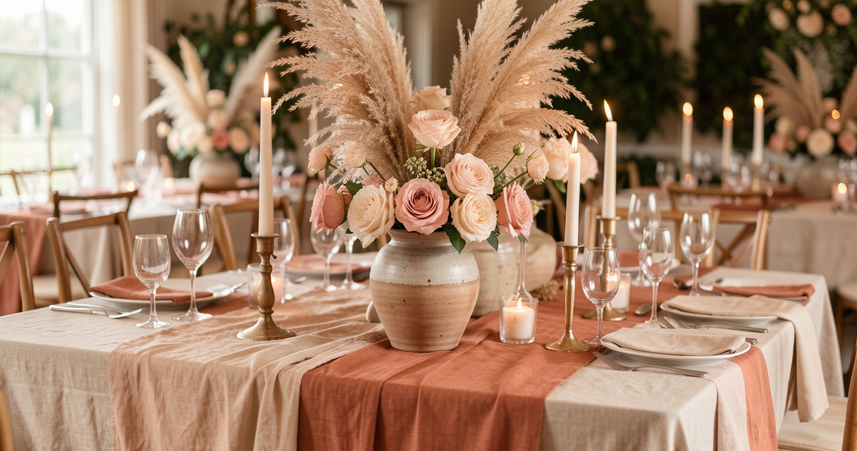 Décoration de table mariage bohème : fleurs séchées et lin lavé terracotta