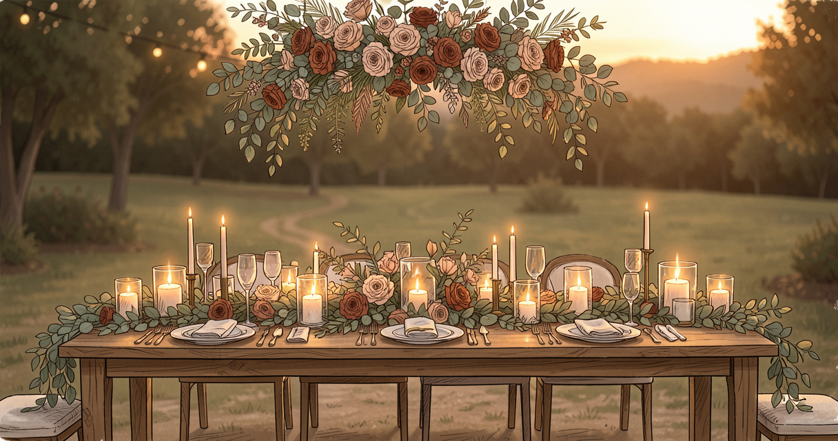 Centre de table mariage champêtre en eucalyptus et photophores allumés